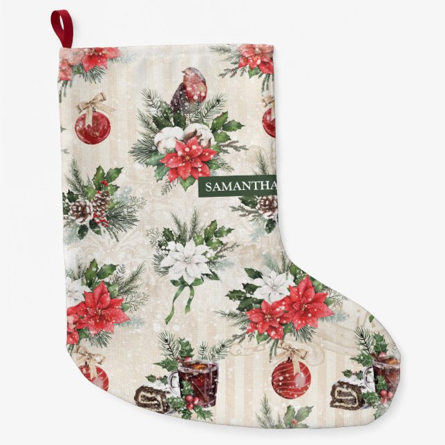 Klassische Weihnachtsrot-weiße Poinsettia-Blume Großer Weihnachtsstrumpf (Vorderseite)