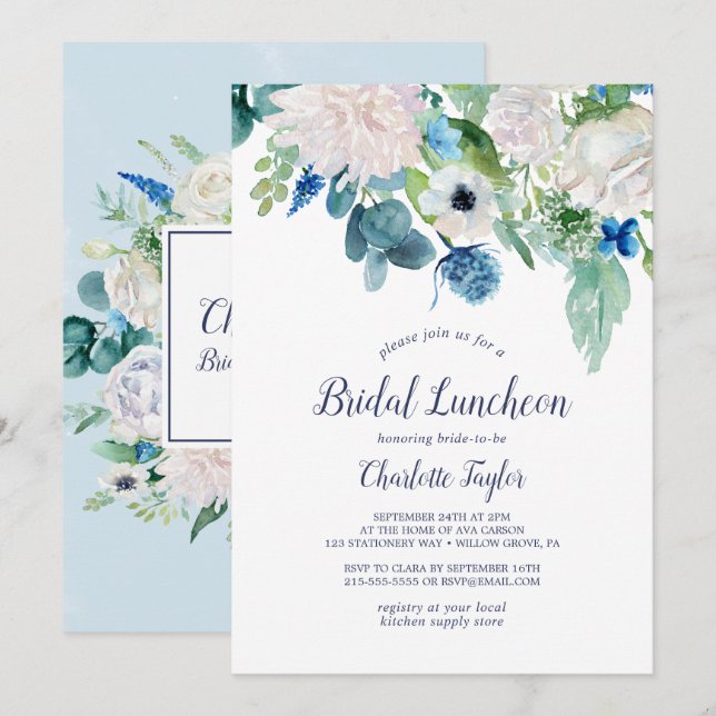 Klassische weiße Blume Custom Back Bridal Luncheon Einladung (Vorne/Hinten)