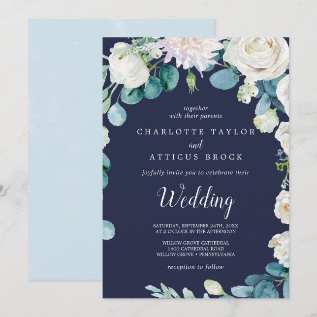 Klassische weiße Blume | Hochzeit der Marine Einladung (Vorne/Hinten)