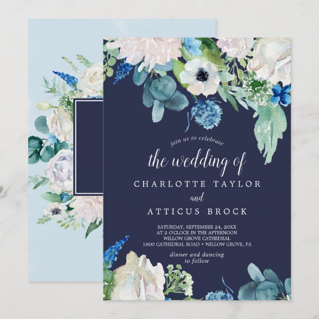 Klassische weiße Blume | Hochzeit von Einladung (Vorne/Hinten)
