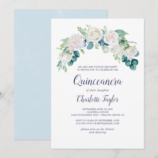Klassische Weiße Blume Quinceañera Einladung (Vorne/Hinten)