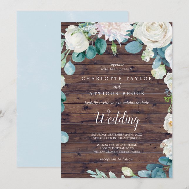 Klassische weiße Blume | Rustikale Hochzeit Einladung (Vorne/Hinten)