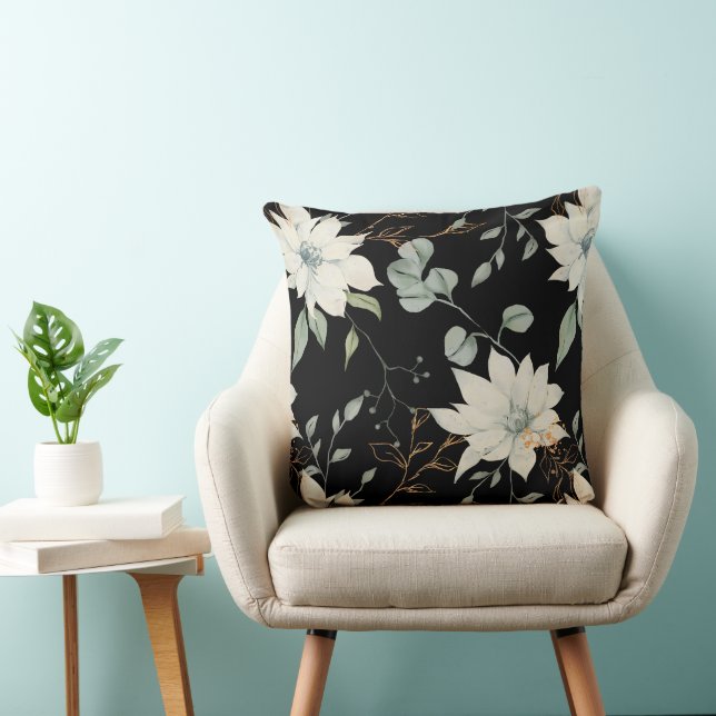 Klassische Weiße Flora botanisch auf schwarz Kissen (Stuhl )