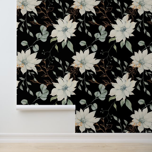 Klassische Weiße Flora botanisch auf schwarz Tapete (Anwendung)