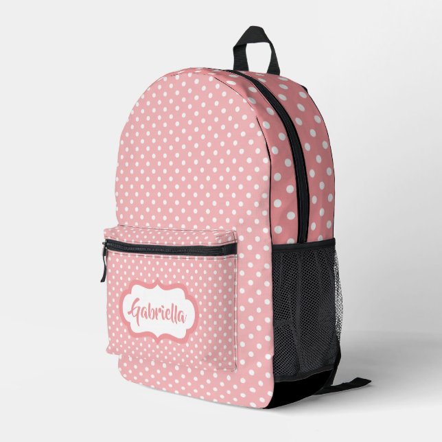 Klassische weiße Polka Punkte auf Pfirsichrosa Bedruckter Rucksack (Rückseitige Ecke Rechts)