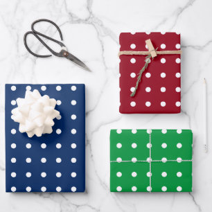 Klassische weiße Tupfen auf Rot, Blau und Grün Geschenkpapier Set