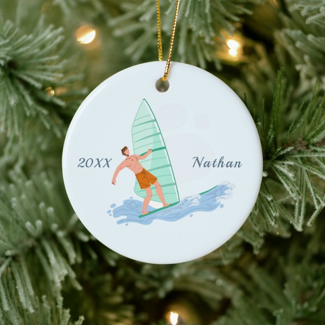 Klassische Windsurfing Brünett Surfer Name & Jahr Keramik Ornament (Baum)