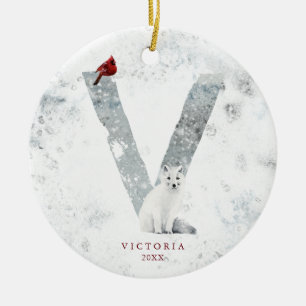 Klassische winterliche Weihnachtsszene Monogramm V Keramik Ornament
