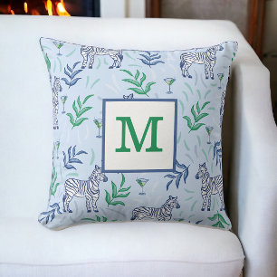 Klassische Zebras und Martinis Blau Monogramm Kissen