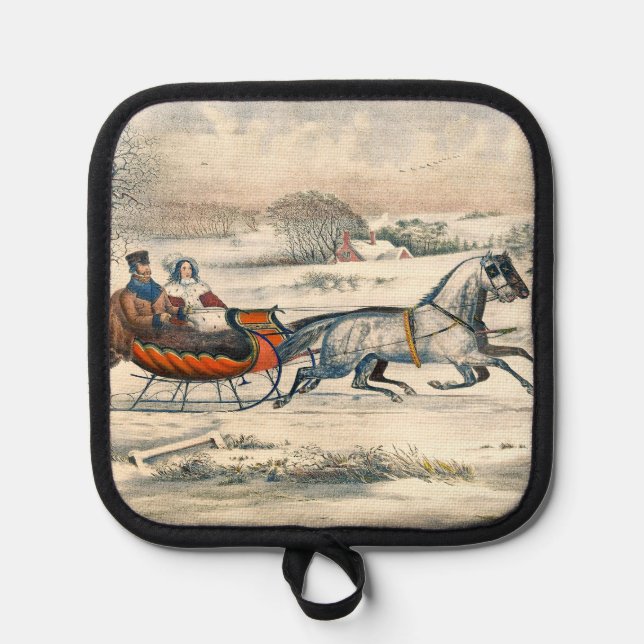 Klassischer 1853 Schlittenfahrt Currier Ives Lands Topflappen (Vorderseite)