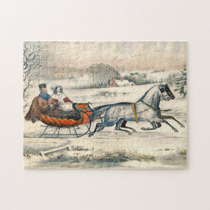 Klassischer 1853 Schlittenfahrt Currier Ives Straß
