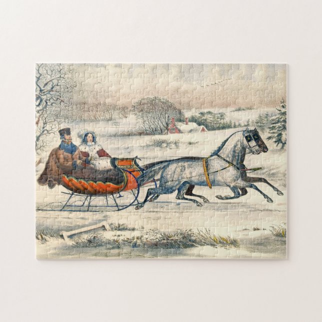 Klassischer 1853 Schlittenfahrt Currier Ives Straß (Horizontal)