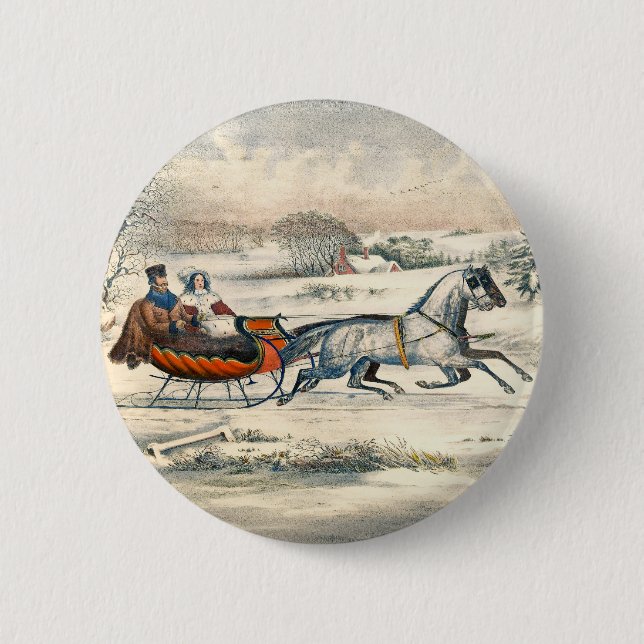 Klassischer 1853 Schlittenfahrt Currier Ives Straß Button (Vorderseite)