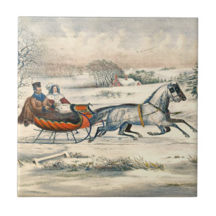 Klassischer 1853 Schlittenfahrt Currier Ives Straß Fliese