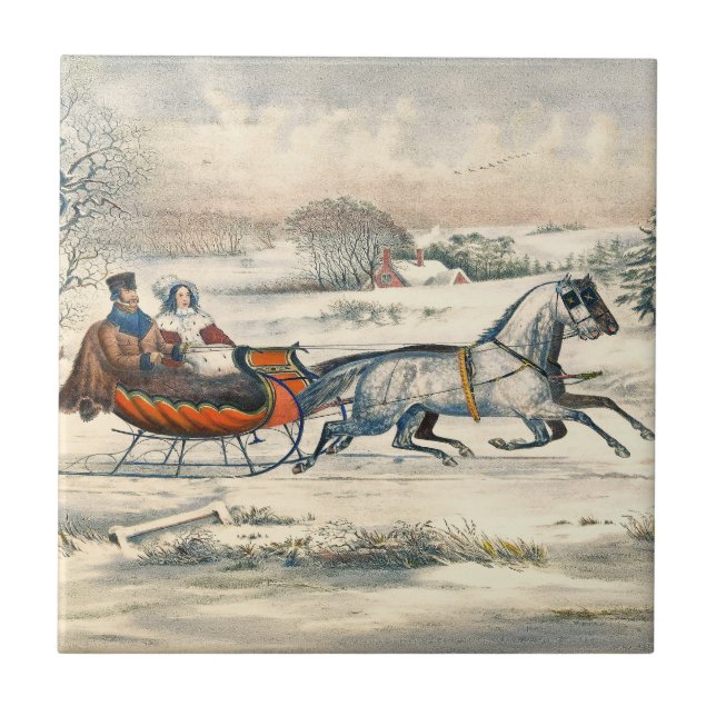 Klassischer 1853 Schlittenfahrt Currier Ives Straß Fliese (Vorderseite)