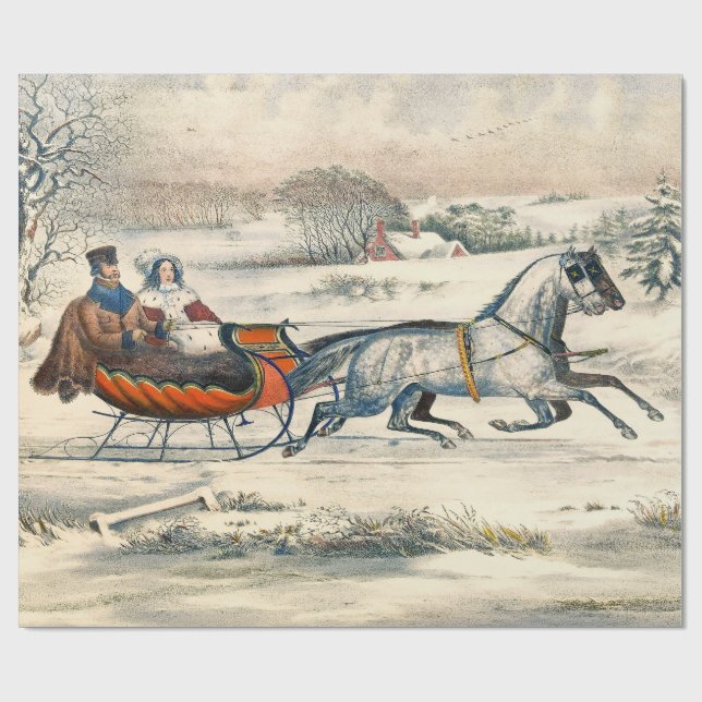 Klassischer 1853 Schlittenfahrt Currier Ives Straß Geschenkpapier (Flach)