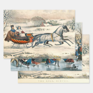 Klassischer 1853 Schlittenfahrt Currier Ives Straß Geschenkpapier Set