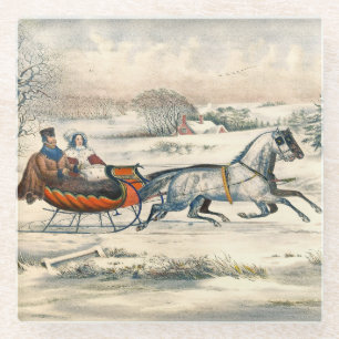 Klassischer 1853 Schlittenfahrt Currier Ives Straß Glasuntersetzer