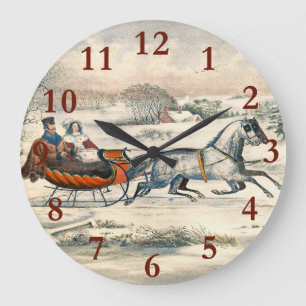 Klassischer 1853 Schlittenfahrt Currier Ives Straß Große Wanduhr