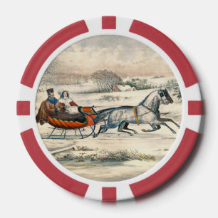 Klassischer 1853 Schlittenfahrt Currier Ives Straß Pokerchips