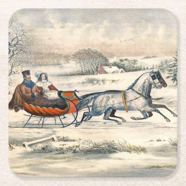 Klassischer 1853 Schlittenfahrt Currier Ives Straß Rechteckiger Pappuntersetzer (Vorderseite)