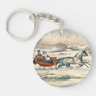 Klassischer 1853 Schlittenfahrt Currier Ives Straß Schlüsselanhänger