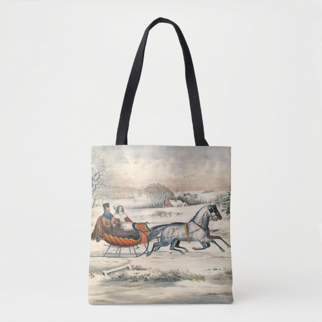 Klassischer 1853 Schlittenfahrt Currier Ives Straß Tasche (Vorderseite)