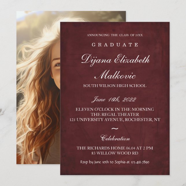 Klassischer Abschluss I Burgund Einladung (Vorne/Hinten)