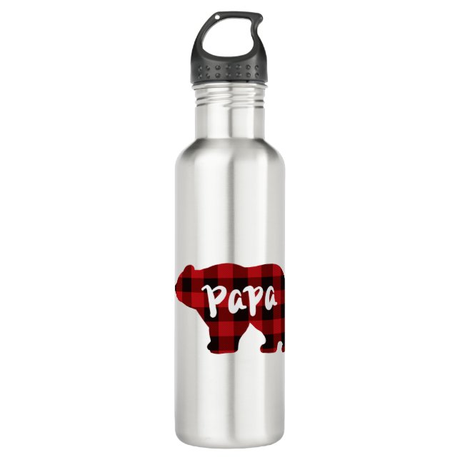 Klassischer Bär Silhouette Papa Bär Rot kariert Edelstahlflasche (Vorderseite)
