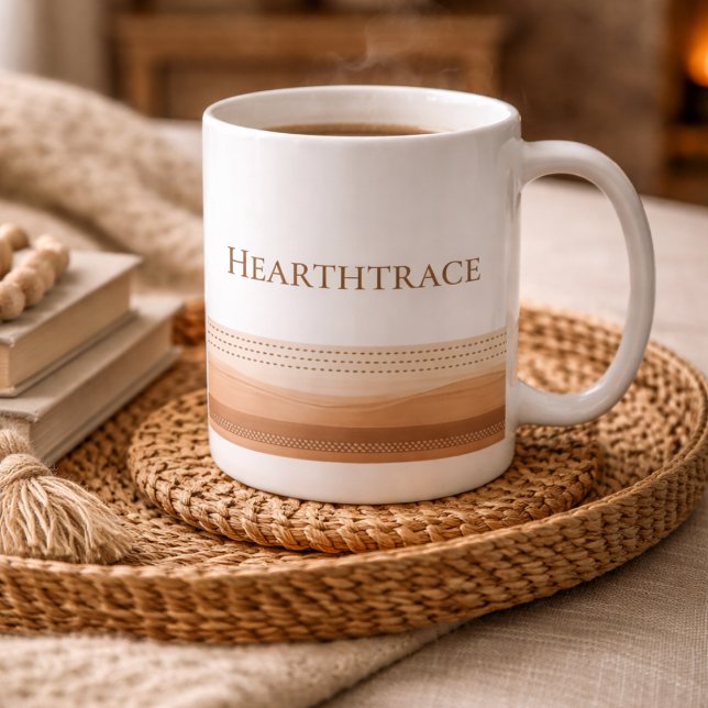 Klassischer Becher 'Hearth Stitch Lines', 11 oz Kaffeetasse (White mug with stitched brown dash lines, made for calm mornings and soft kitchen tones)