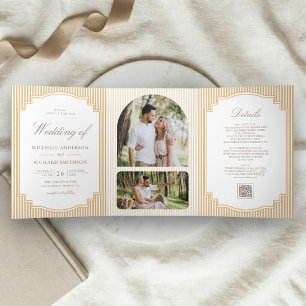 Klassischer Beige-Tan-gestreifter Hochzeits-QR-Cod Dreifach Gefaltete Einladung