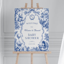 Klassischer Blau-Toile-Teddybär-Baby-Shower-Empfan