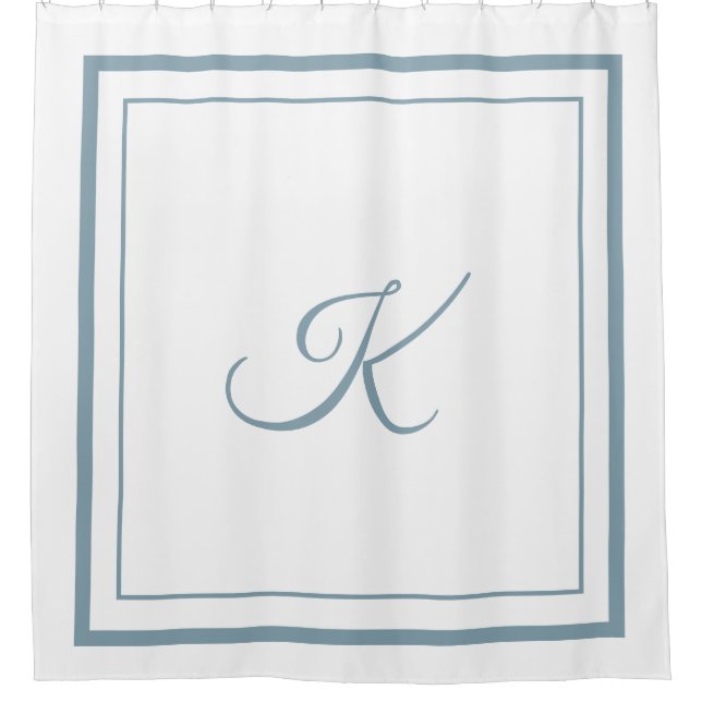 Klassischer blauer Border Script Monogram Shower V Duschvorhang (Vorderseite)