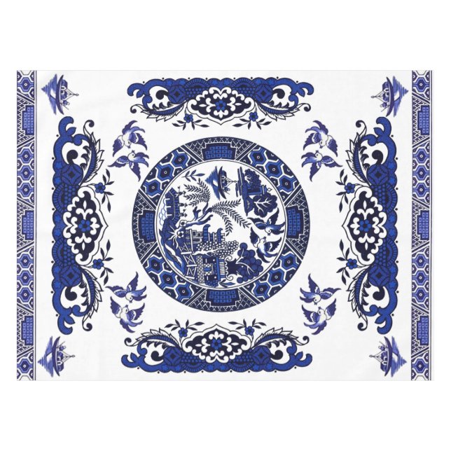 Klassischer blauer Weide-China-Entwurf Tischdecke (Vorderseite (Horizontal))