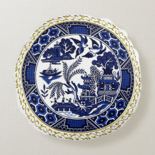 Klassischer blauer Weide-Entwurfs-rundes Kissen