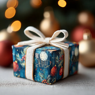 Klassischer blauer Weihnachtsschmuck & Stechpalmen Geschenkpapier
