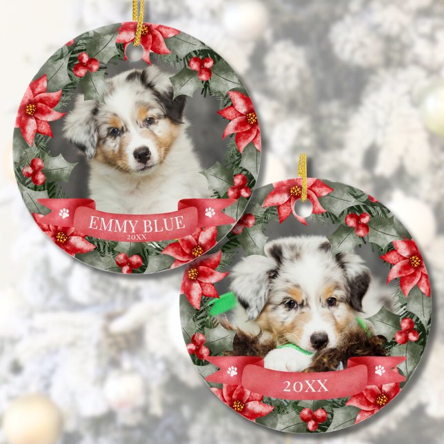 Klassischer Blumenbeet Erster Weihnachtshund Keramik Ornament (Classic Floral Frame Pet First Christmas Dog Ceramic Ornament)