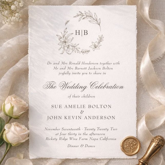 Klassischer Blumenkranz-Monogramm-Hochzeit Einladung (Von Creator hochgeladen)