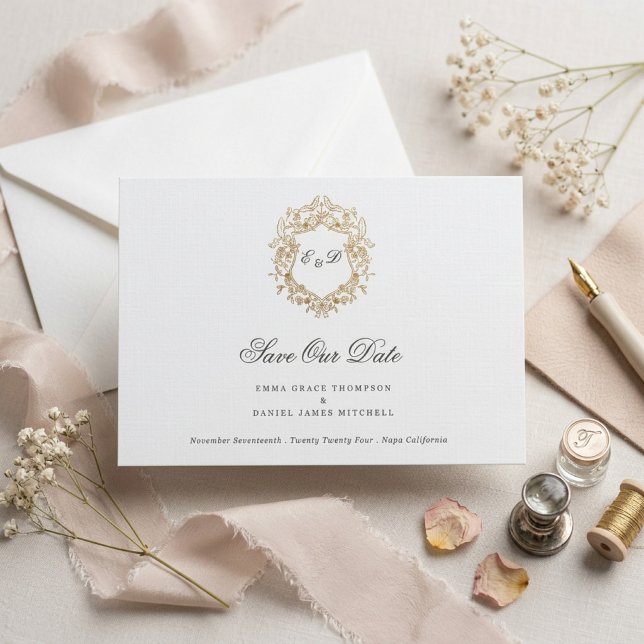 Klassischer Blumenkranz-Monogramm-Hochzeit Save The Date (Von Creator hochgeladen)