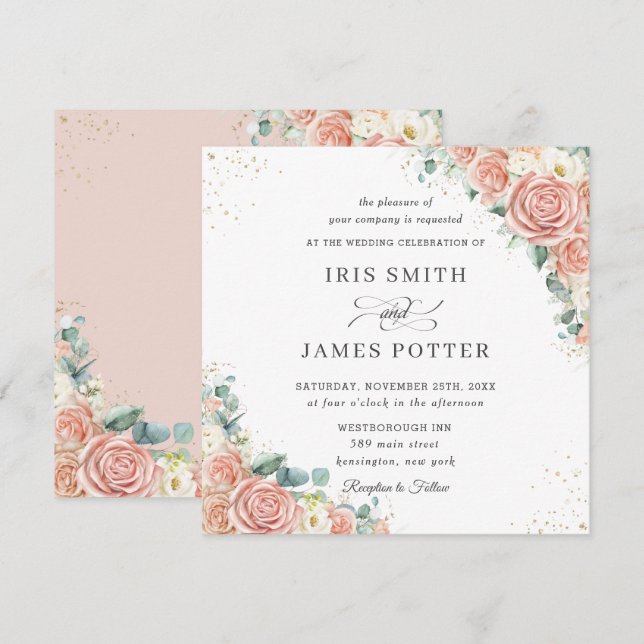 Klassischer Blush Peach Elfenbeinblume Hochzeitspl Einladung (Vorne/Hinten)