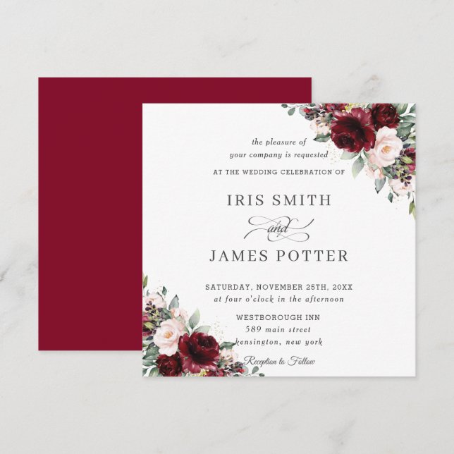 Klassischer Burgund Blush Bloral Wedding Square Einladung (Vorne/Hinten)