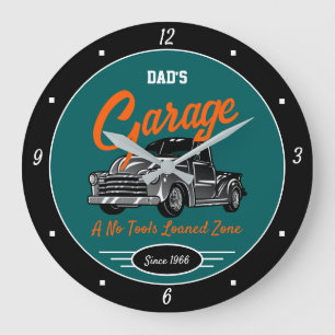Klassischer Chevy-Truck-Garage Vaters Name Türkis Große Wanduhr