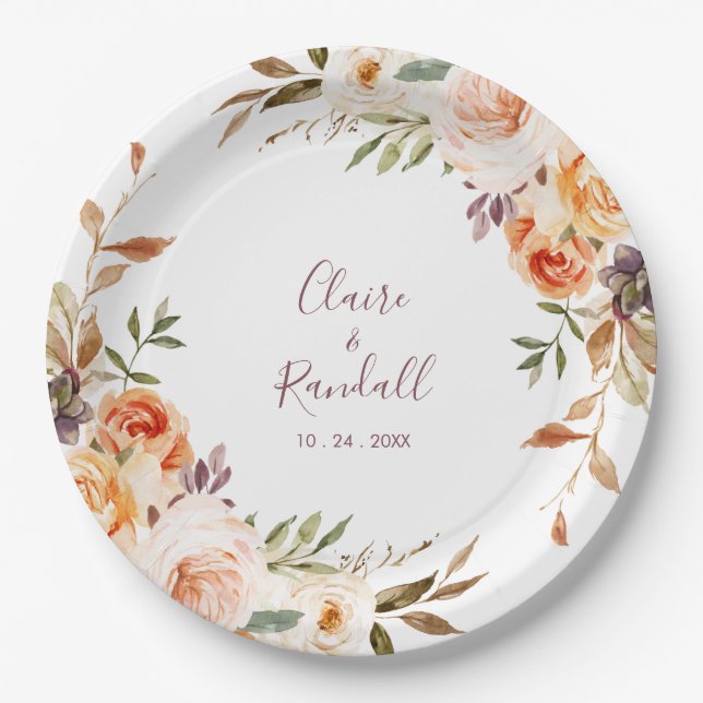 Klassischer Chic Boho Blumenhochzeit Pappteller (Vorderseite)