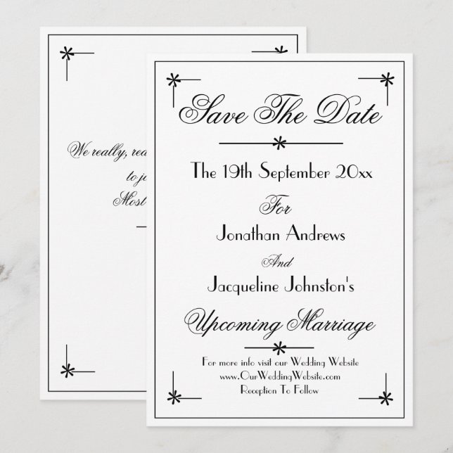 Klassischer Chic Romantische Weiße Hochzeit Save The Date (Vorne/Hinten)