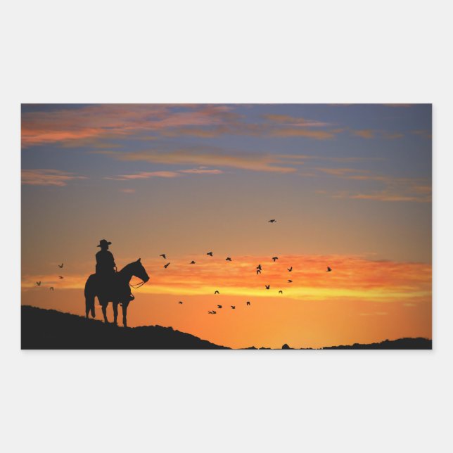 Klassischer Cowboy im Sunset-Aufkleber Rechteckiger Aufkleber (Vorderseite)