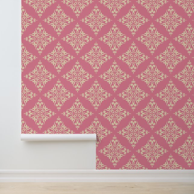 Klassischer Damast rosa &hellbeige Tapete (Anwendung)