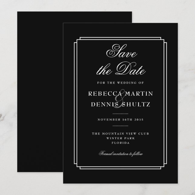 Klassischer Deko | Schwarzweiß Save the Date Einladung (Vorne/Hinten)