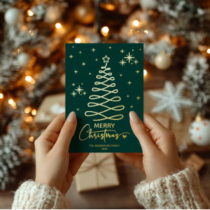 Klassischer dunkelgrüner Weihnachtsbaum mit golden Folien Feiertagskarte