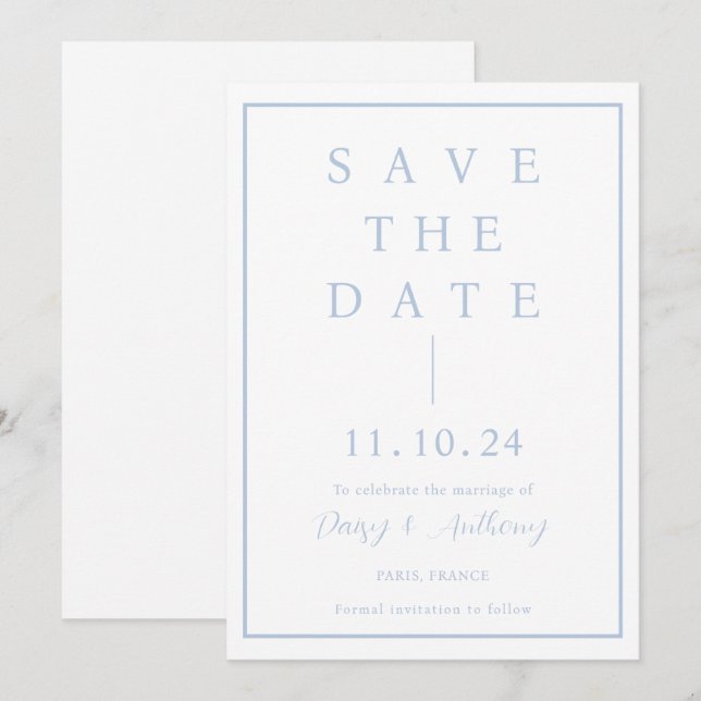 Klassischer Dusty Blue Border | Einfaches Elegant Save The Date (Vorne/Hinten)