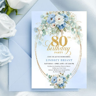 Klassischer Dusty Blue Floral Gold Rahmen 80. Gebu Einladung